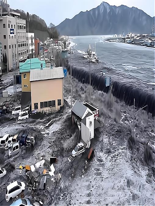 海啸抵达日本:民众挤满屋顶