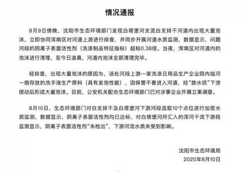 沈阳河流出现大量泡沫，官方立案调查