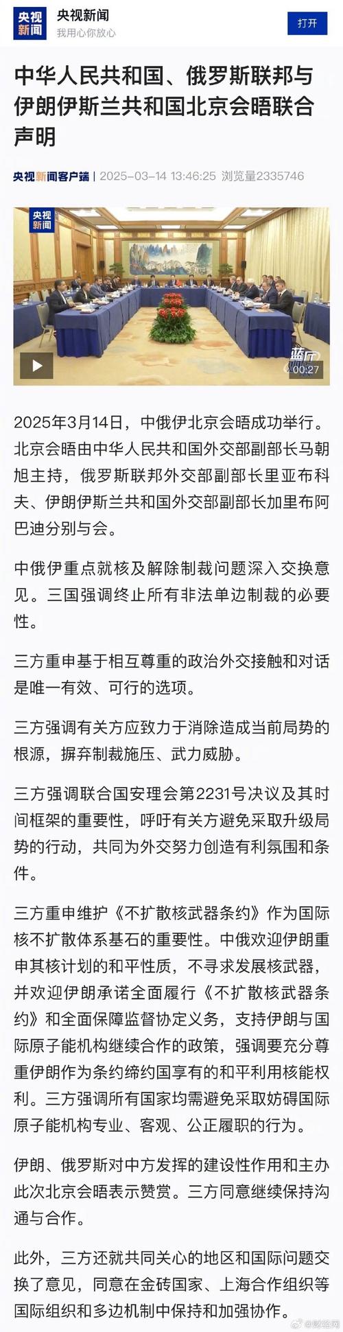 中俄巴伊四国发表《联合声明》