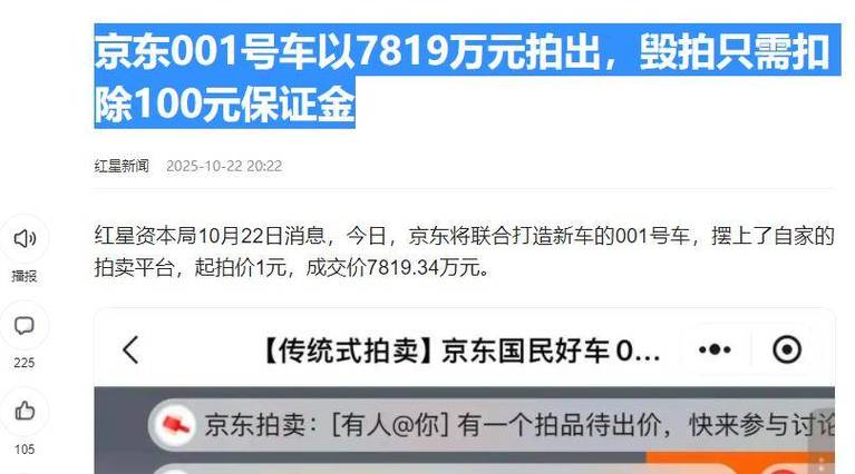京东001号车以7819万元拍出