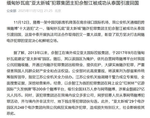 公安部成功引渡佘智江，有案必查原则得到坚决执行